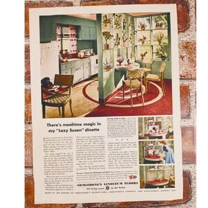 1944 Armstrong Linoleum Floors "Mealtime Magic Lazy Susan Dinette"‎ Vtg Print Ad